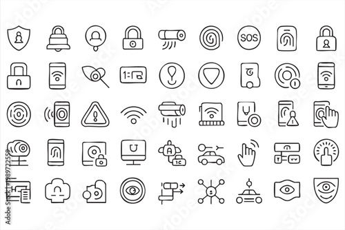 Privacy icons, cyber security symbols, data encryption, surveillance and protection UI elements