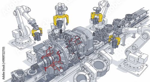 Robotic arms assembling mechanical transmission on automated production line