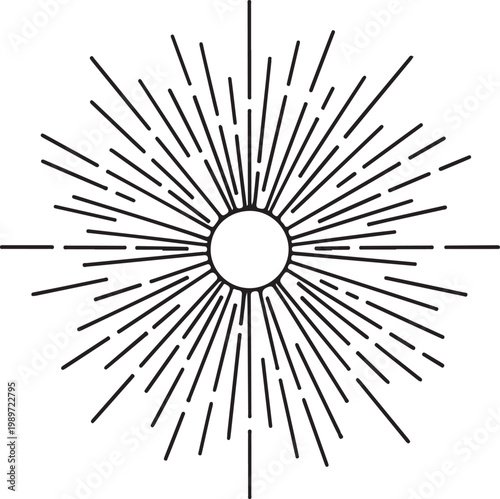 Thin black radial burst with white center on transparent background