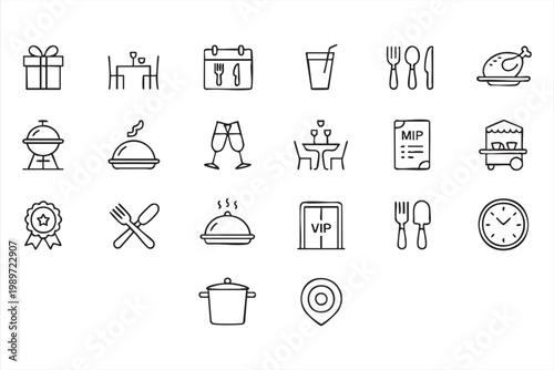 Food service icon set, restaurant dining symbols, menu, cooking, hospitality and catering icons