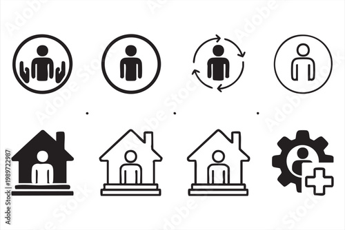 Home care icons, health service symbols, patient support, medical assistance, protection UI elements for web and app