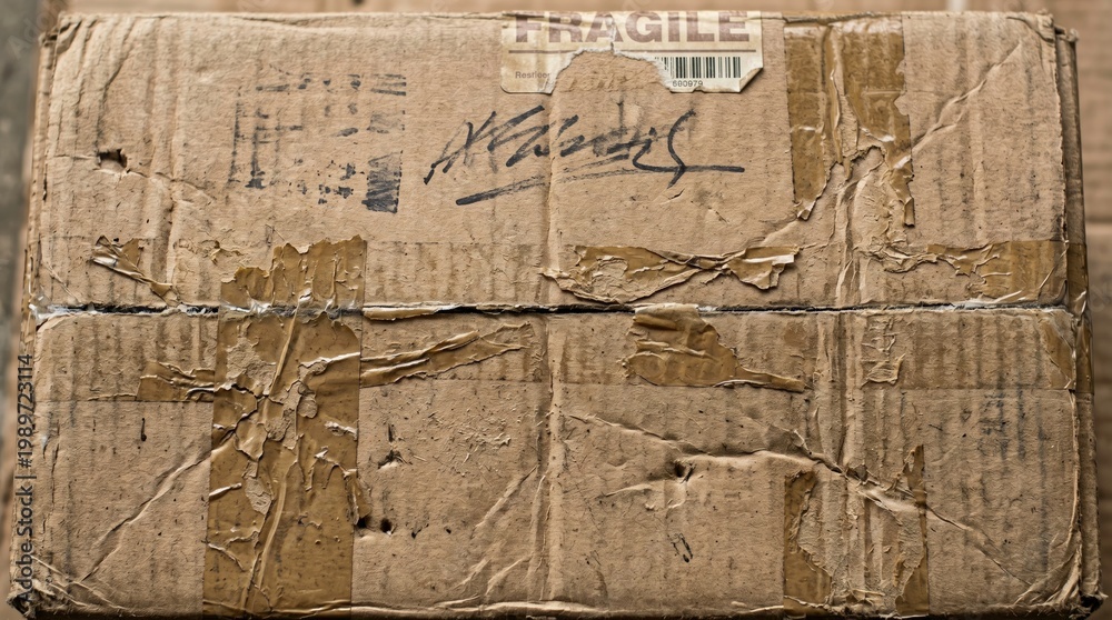 Obraz premium Old and Worn Out Cardboard Box with Fragile Label