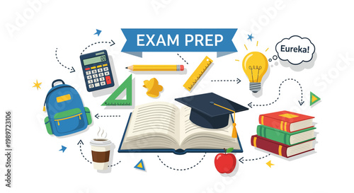 Exam Preparation Concept Illustration with Study Materials and Books on White Background