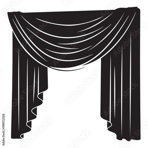 Classic black curtain silhouette vector illustration with swag valance for interior design and theater stage decor