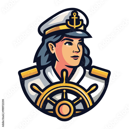 Determined female captain confidently navigates a ship while gripping the sturdy golden steering wheel