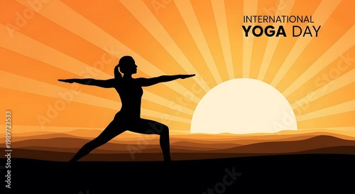Yoga practice at sunset with the international yoga day text overlay
