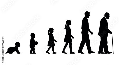 Silhouette of people at different ages walking in a line
