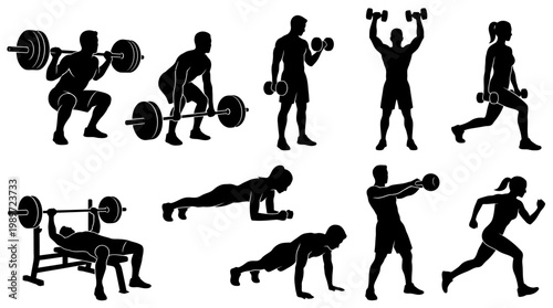 Silhouette of people exercising with weights.