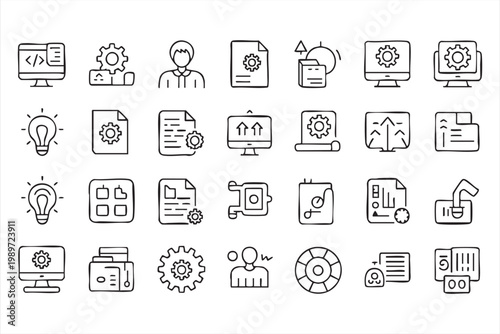 Programming icons, software development symbols, workflow automation, document management UI elements
