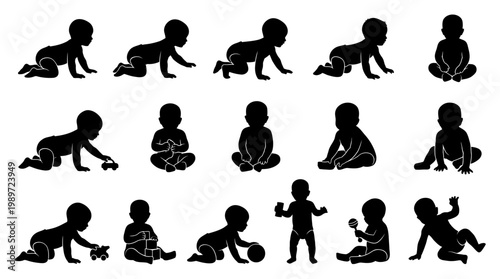 Baby development stages, crawling and sitting silhouettes