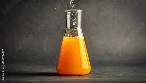 Erlenmeyer Flask with Orange Liquid Showcasing Chemical Reaction, Science Aesthetics, and Laboratory Photography Design