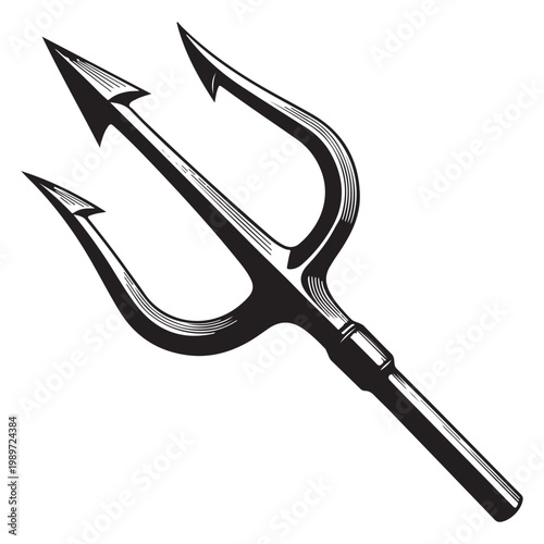 Trident vector illustration of a three-pronged spear in woodcut style for mythological and nautical graphic design
