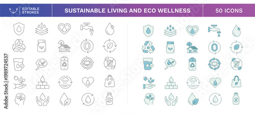 Sustainability and Eco Living Outline Icons Set featuring Water Conservation, Recycling Habits, Green Energy, and Zero Waste Lifestyle Editable Stroke Vector Collection