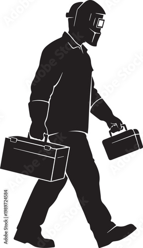 Welder carrying toolboxes, industrial worker, profession, construction, safety equipment, protective gear, skilled labor, workshop, factory, job, hard work, tools, carrying, man, occupational, trade.