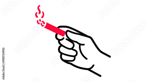 Hand holding burning cigarette vector icon illustrating smoking habit and tobacco addiction in minimalist flat line art style