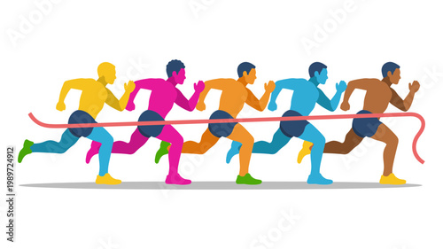 Five determined and energetic runners in colorful attire are intensely crossing the finish line.