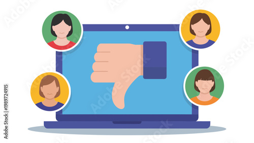 A thumbs-down icon prominently featured on a laptop screen accompanied by four diverse female profile pictures.