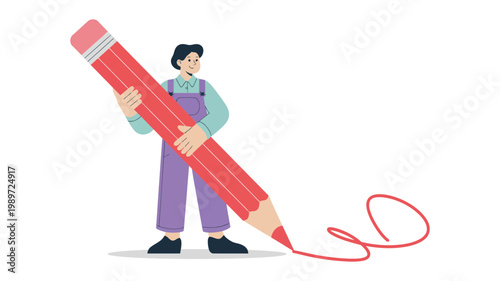A focused male character stands holding a massive red pencil, drawing a continuous red line forward.