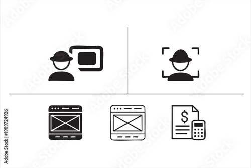 User interface icons, authentication symbols, login access, billing and payment UI elemeLogin icons, user authentication symbols, UI wireframe, billing and payment interface elements