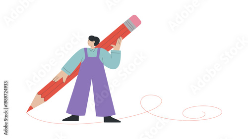 A male character in overalls holds a large red pencil, drawing a wavy red line towards the right.