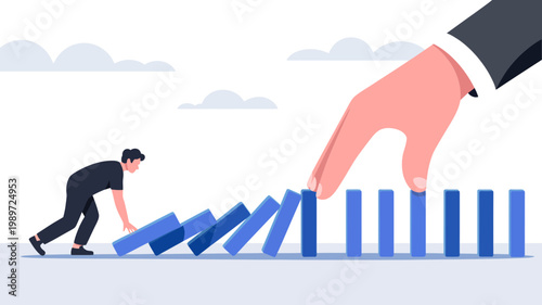 A businessman in a dark suit attempts to halt a chain reaction of falling blue dominoes with his hand.