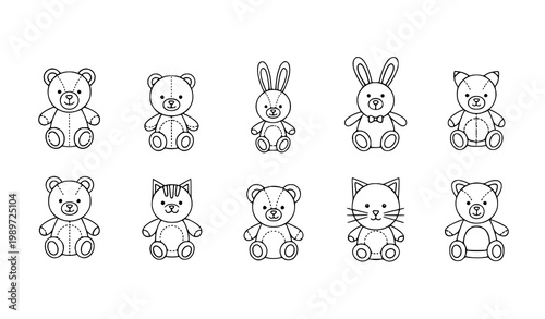 Minimal stuffed toy vector set with simple plush characters and clean stitched line design