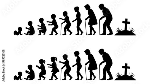 A powerful silhouette illustration depicting the complete human life cycle from infancy to old age and death.