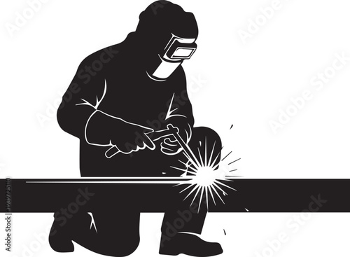 Welder in protective gear welding metal beam sparks flying professional craftsman at work industrial concept.
