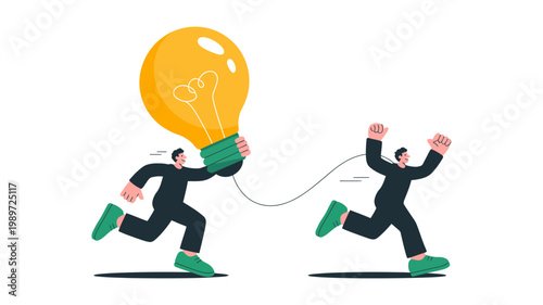 Two cartoon figures are running in a race, one successfully pulling a giant illuminated lightbulb behind them.