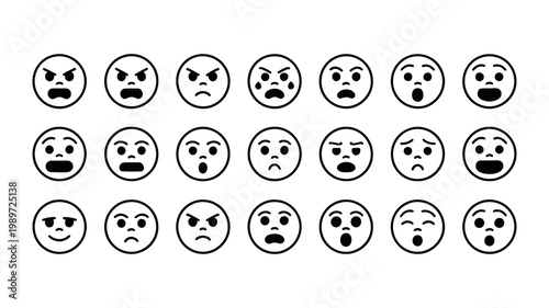 A comprehensive collection of various outlined emoji faces displaying a wide range of human emotions.