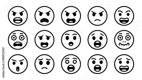 A large set of simple outlined emoji faces representing common human emotions and reactions clearly.