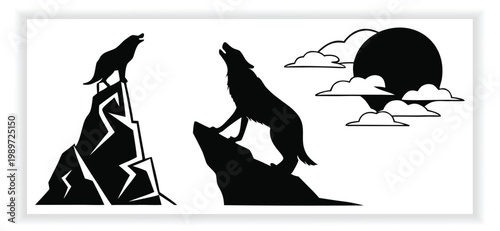 Howling Wolf Silhouette Vector Set with Moon and Nature Element Design
