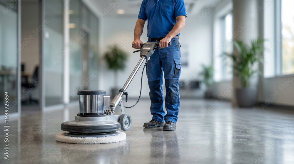 Fototapeta premium Man polishing floor with buffer machine in modern office environment 