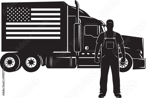 Silhouette of trucker with American flag on semi truck trailer and driver standing in front of it on transparent background.