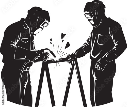 Silhouette of two professional welders working together on metal structure with sparks flying during industrial fabrication task.