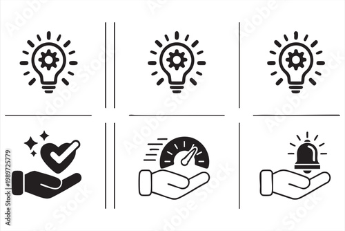 Innovation icons, quality service symbols, speed performance, customer support UI elements