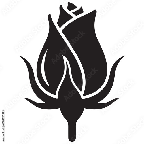 Fotografi Minimalist black rosebud silhouette vector icon for floral logo design and weddi