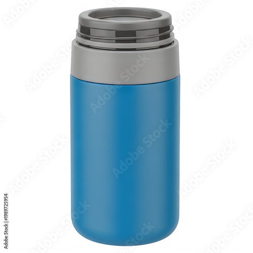 Bright blue insulated travel mug with gray lid and base transparent background