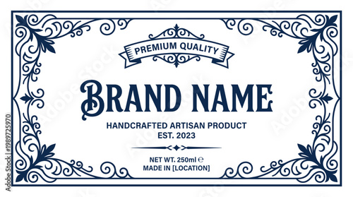 Elegant Brand Name Label Design, Premium Quality, Artisan Product, Vintage Ornate Border