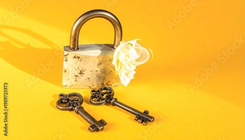 Vintage Padlock and Keys on Yellow Background Showcasing Security, Access, and Conceptual Photography Design
