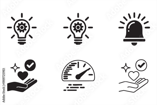 Service quality icon set, innovation symbols, speed performance, customer support UI elements