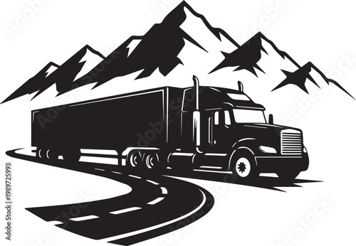 Semi trailer truck on winding highway road through mountains at sunset transportation freight logistics delivery.