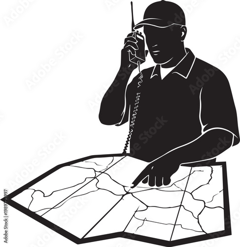 Delivery driver with map and radio checking route for truck logistics shipping dispatch coordinating journey planning.