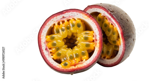 Cross section of fresh passion fruit isolated on black background