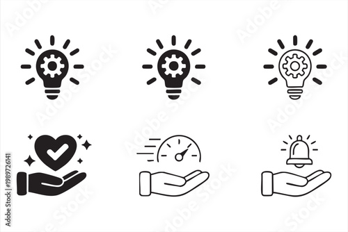 Business service icons, innovation symbols, quality performance and support UI elements