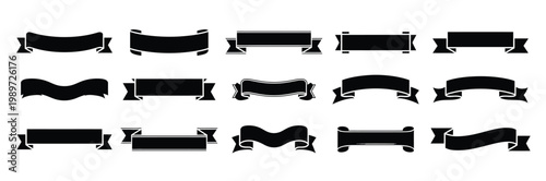 Collection of elegant black ribbon graphics with diverse shapes and styles perfect for design and embellishments. A collection of black ribbon designs with various and styles, vector illustration.