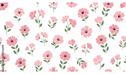 Pink floral vector seamless pattern white background flowers design