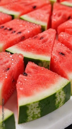 Freshly cut watermelon slices arranged to form a visually appealing backdrop.