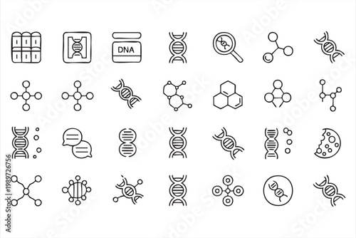 Molecular science icons, DNA genetics symbols, biotech research and genome analysis UI