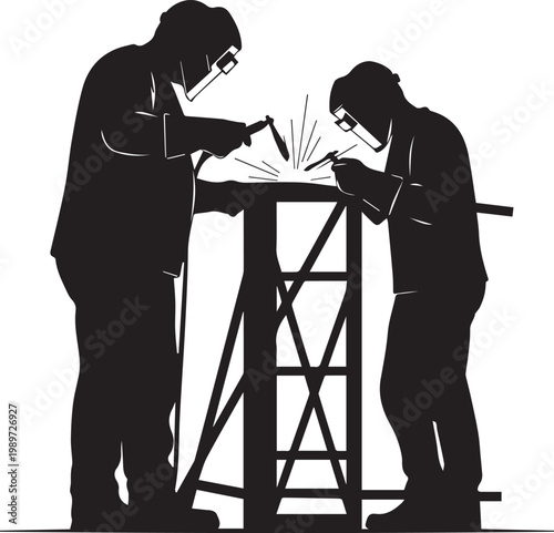 Two industrial workers performing precision metal welding on heavy steel structures inside workshop wearing safety protective gear.